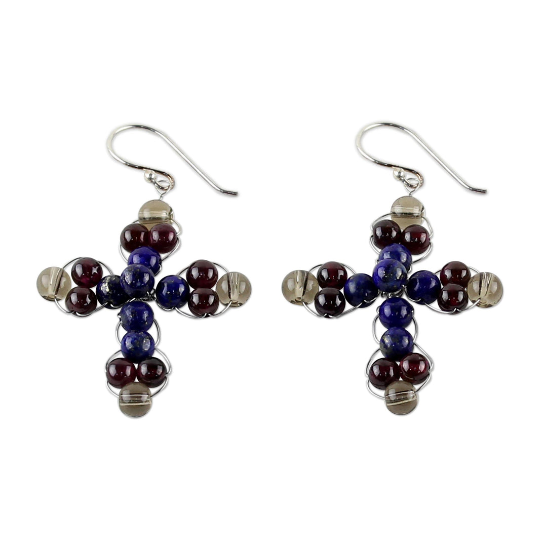 Garnet and Lapis Lazuli Cross Earrings from Thailand - Cross of Hope