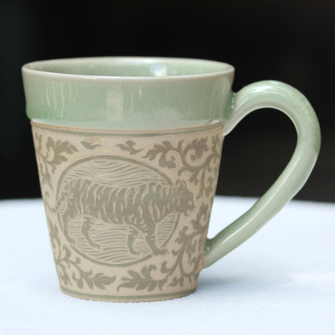 Hand Crafted Ceramic Mug with Tiger from Thailand - Thai Zodiac Tiger