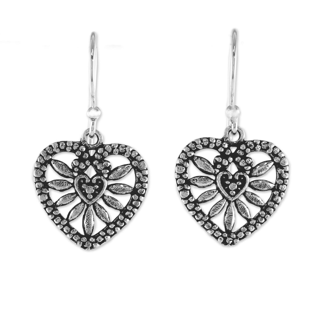 Heart Shaped Sterling Silver Dangle Earrings from Thailand - Heart Blooms