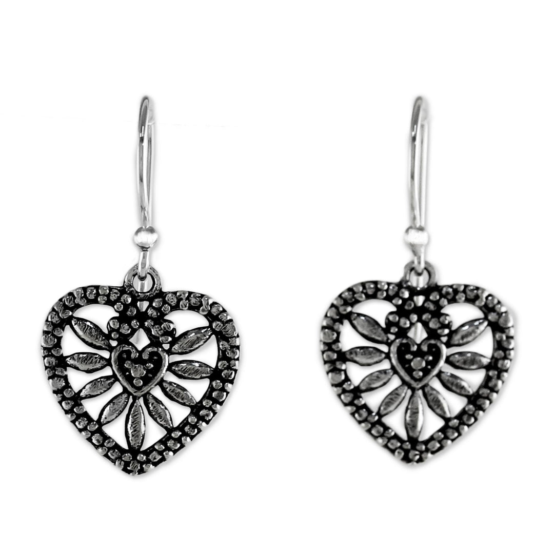 Heart Shaped Sterling Silver Dangle Earrings from Thailand - Heart Blooms