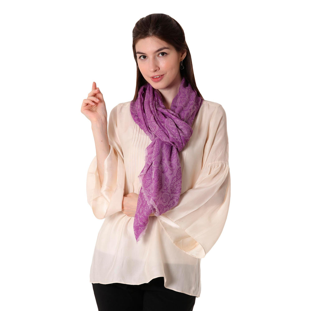 Woven Wool Shawl with Paisley Motifs in Wisteria from India - Wisteria Paisley
