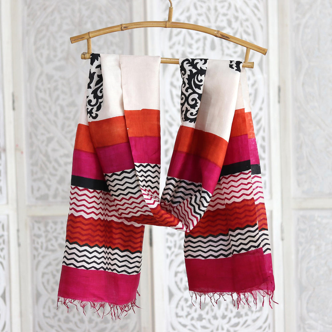 Hand Block Printed 100% Tussar Silk Shawl from India - Kolkata Joy
