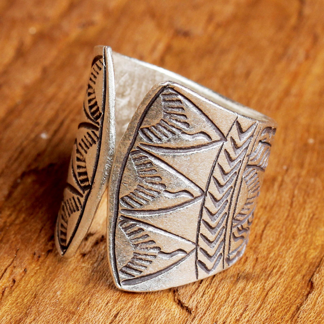 Sterling Silver Wrap Ring with Printed Motifs from Thailand - Tribal Spectacle