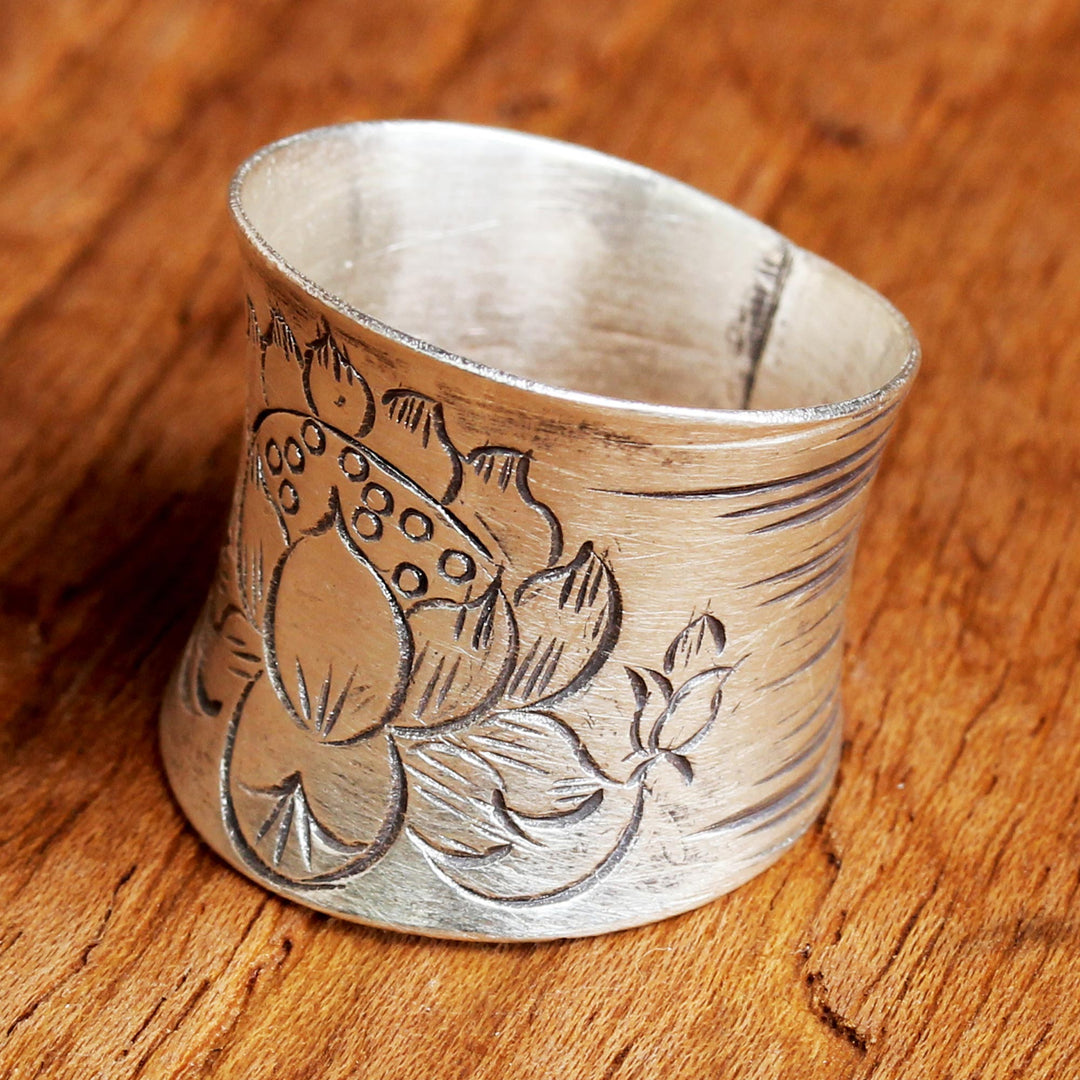 Sterling Silver Etched Lotus Wrap Ring from Thailand - Lanna Lotus