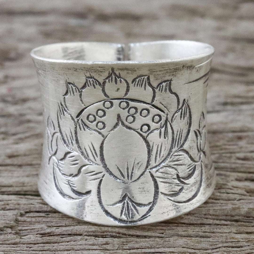 Sterling Silver Etched Lotus Wrap Ring from Thailand - Lanna Lotus