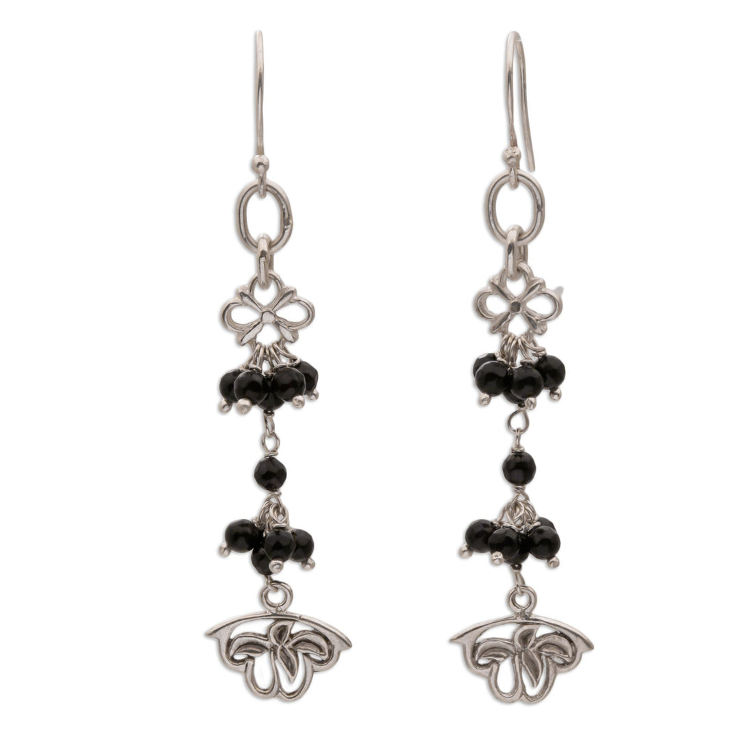 Onyx and Sterling Silver Floral Cluster Earrings from Bali - Midnight Petals