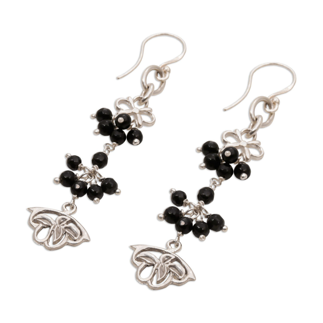 Onyx and Sterling Silver Floral Cluster Earrings from Bali - Midnight Petals