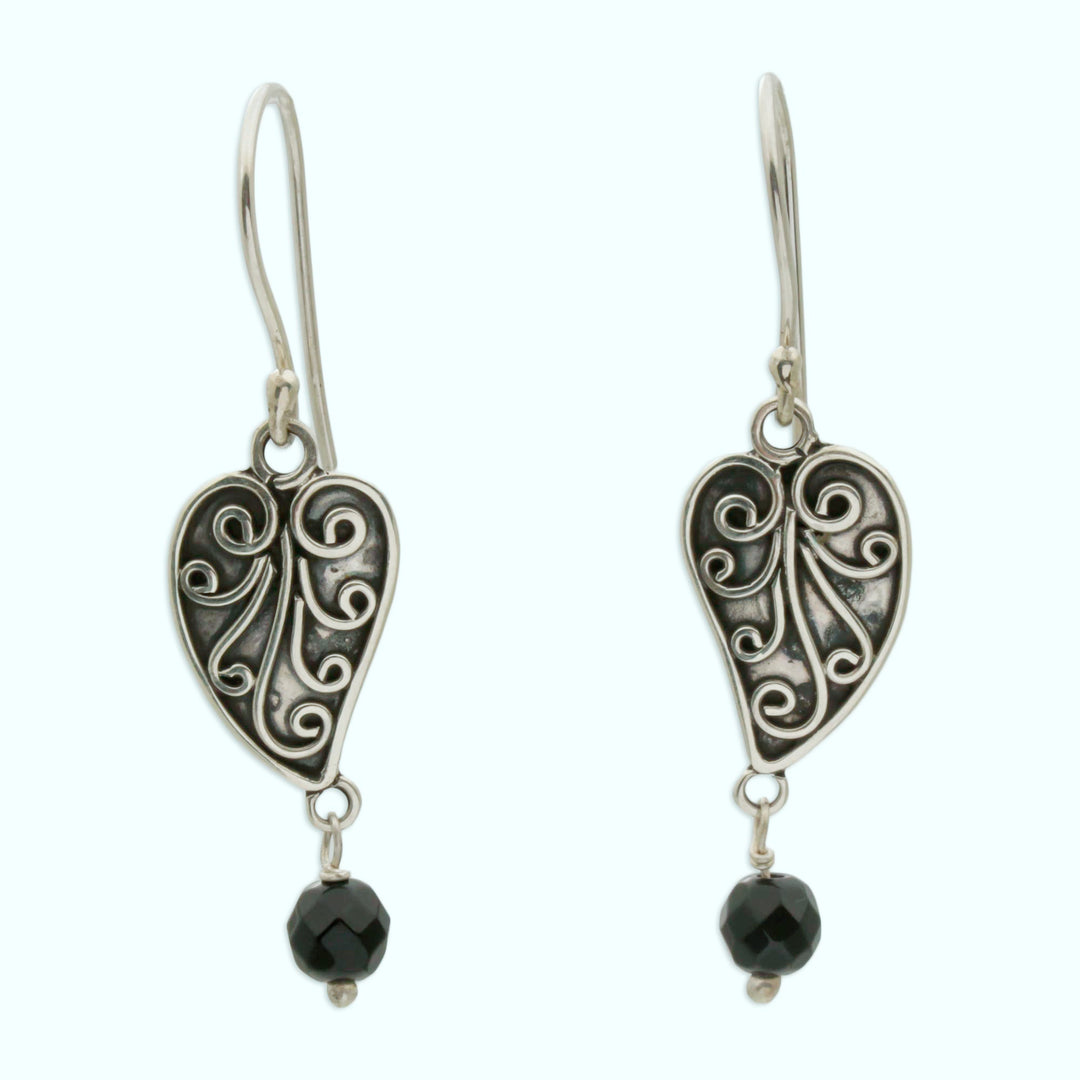 Sterling Silver and Onyx Leaf Dangle Earrings from Bali - Love Leaf