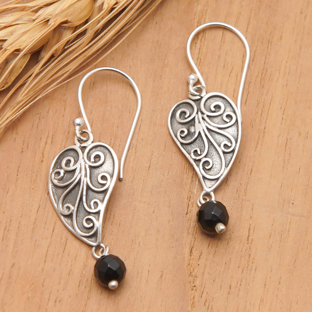 Sterling Silver and Onyx Leaf Dangle Earrings from Bali - Love Leaf