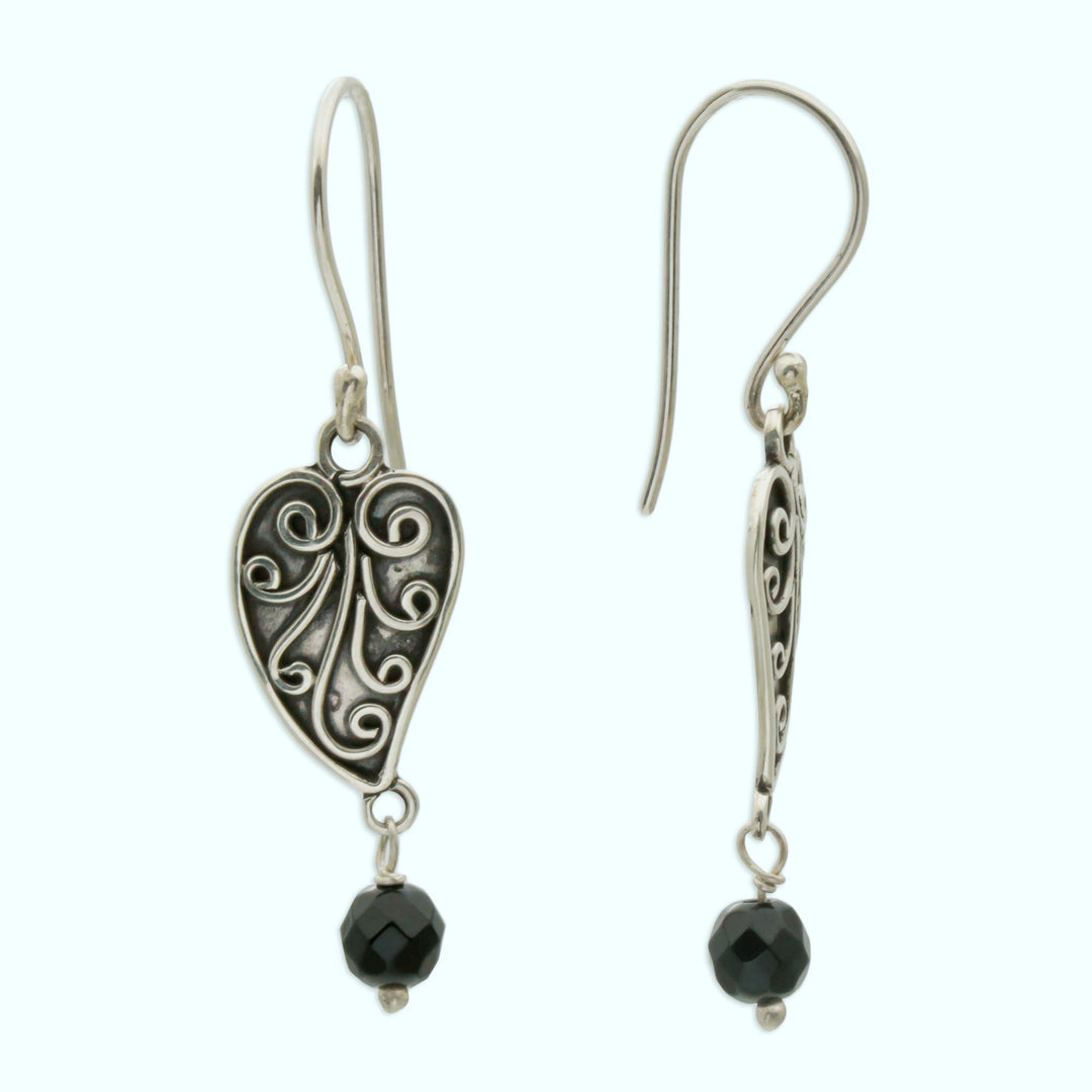 Sterling Silver and Onyx Leaf Dangle Earrings from Bali - Love Leaf