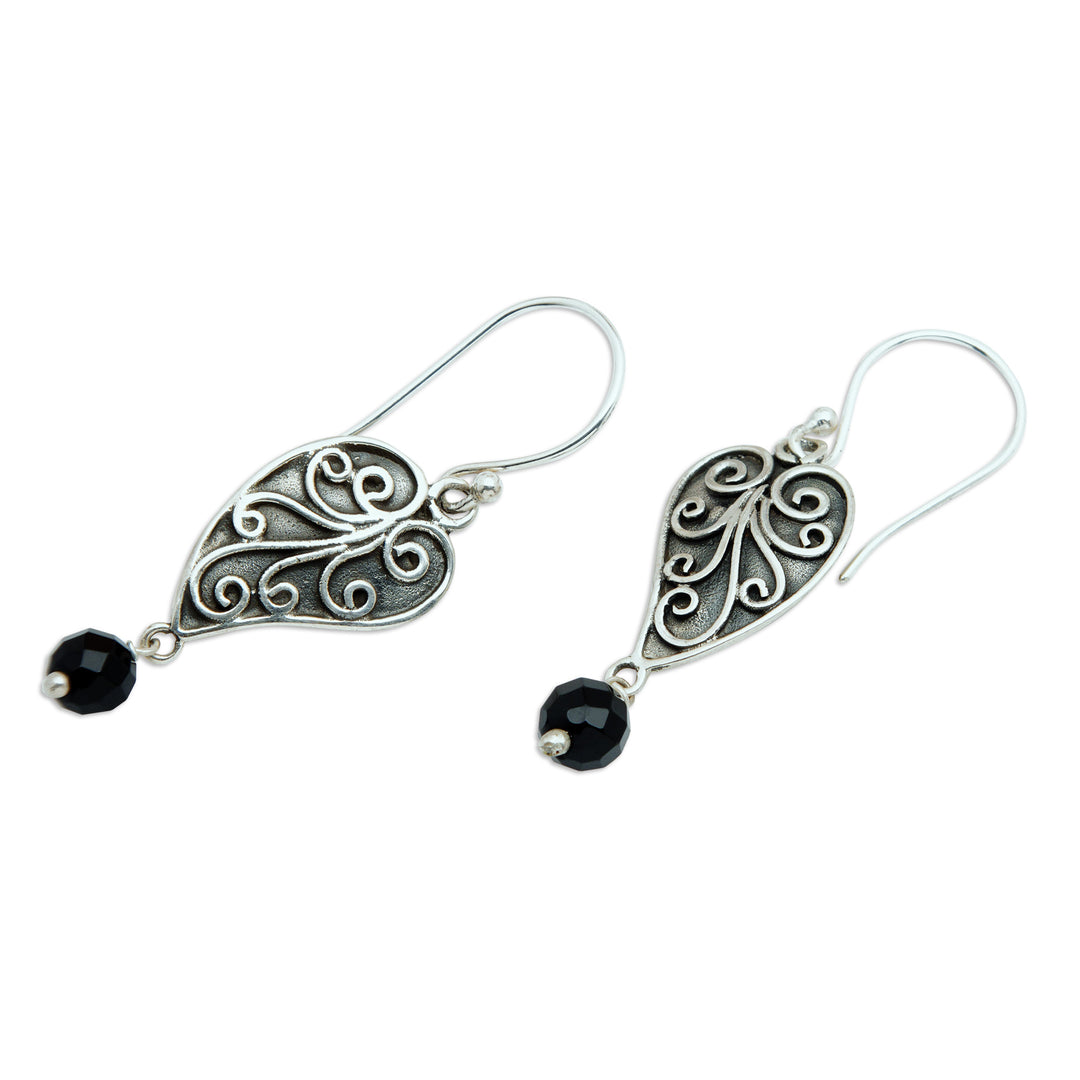 Sterling Silver and Onyx Leaf Dangle Earrings from Bali - Love Leaf