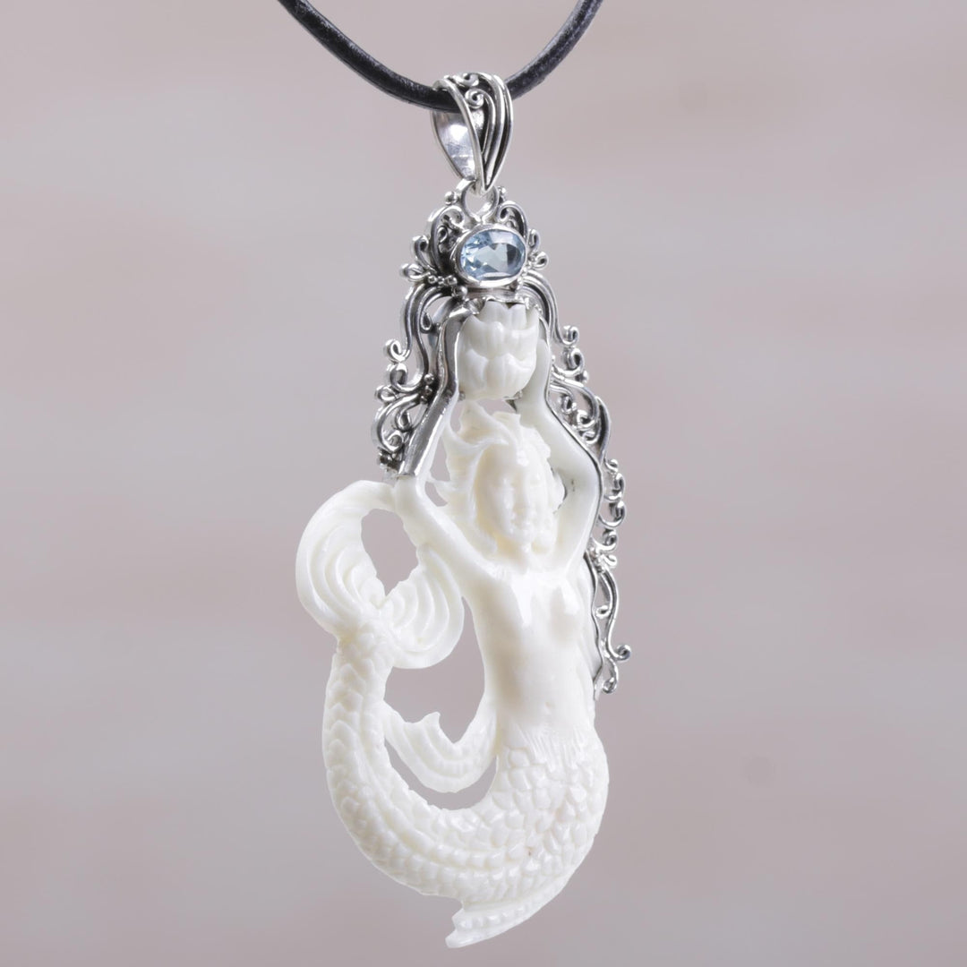 Blue Topaz Sterling Silver and Bone Mermaid Pendant Necklace - Mermaid Fantasy
