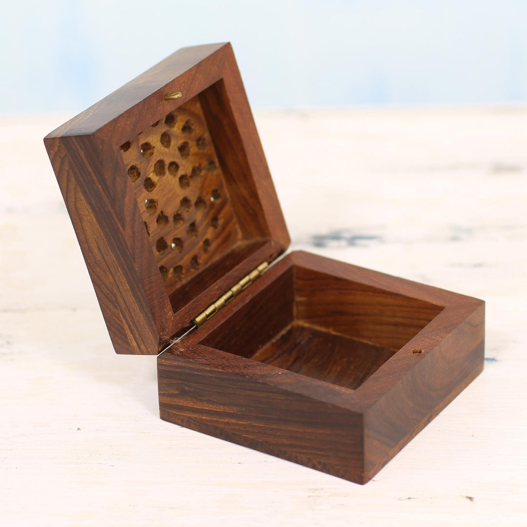 Hand Carved Decorative Mango Wood Box from India - Glorious Flower