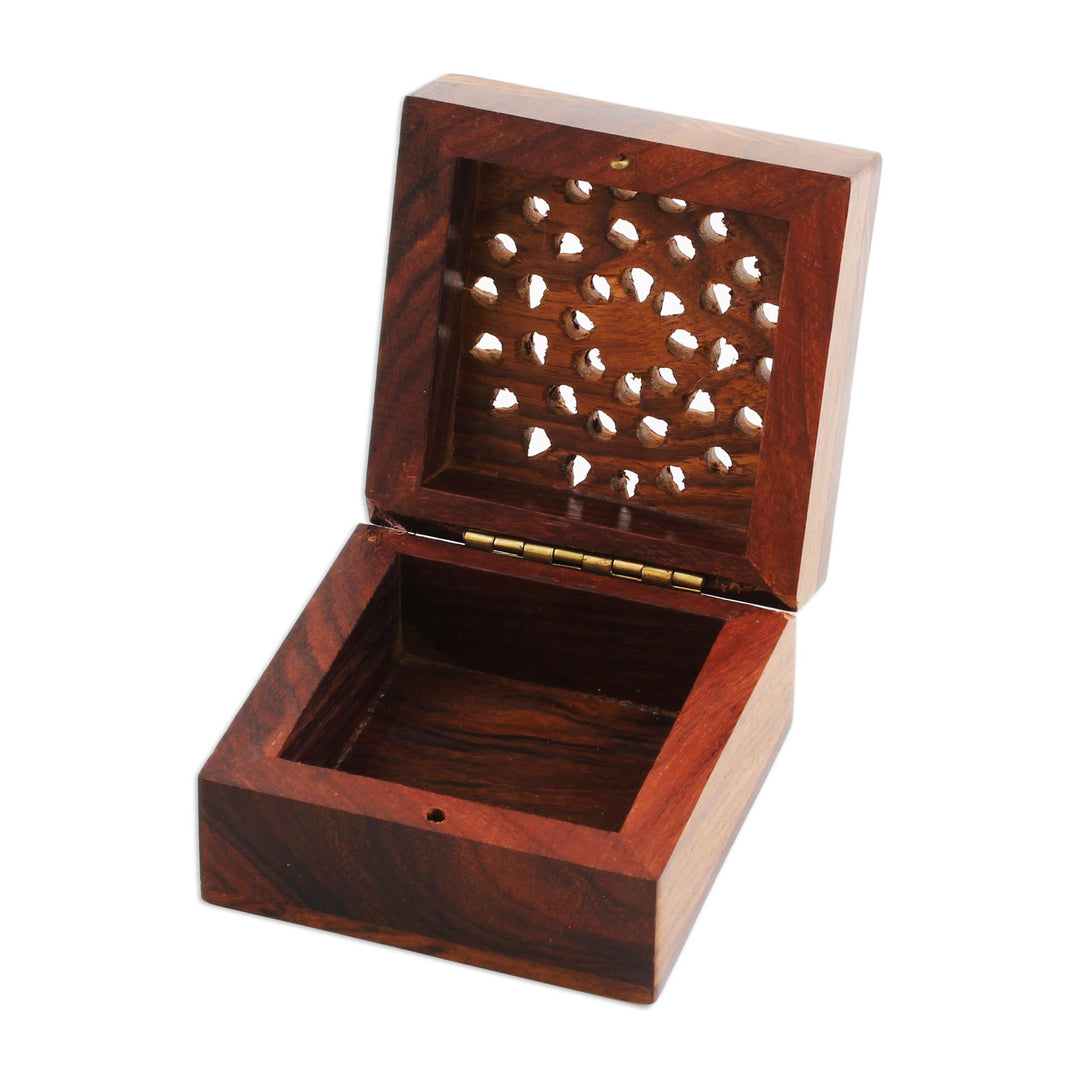 Hand Carved Decorative Mango Wood Box from India - Glorious Flower