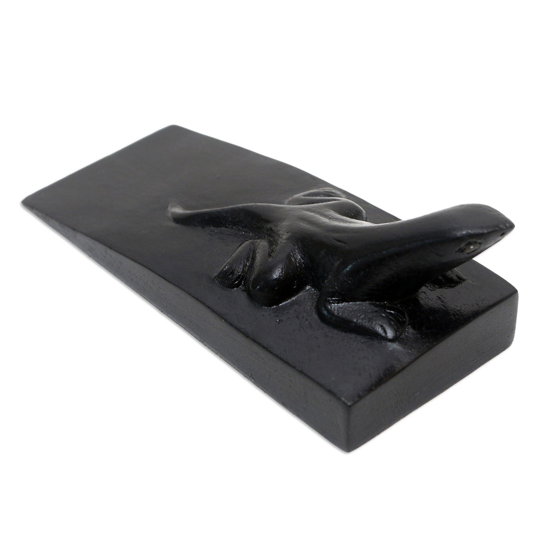 Hand Carved Suar Wood Lizard Door Stopper in Black from Bali - Handy Gecko in Black