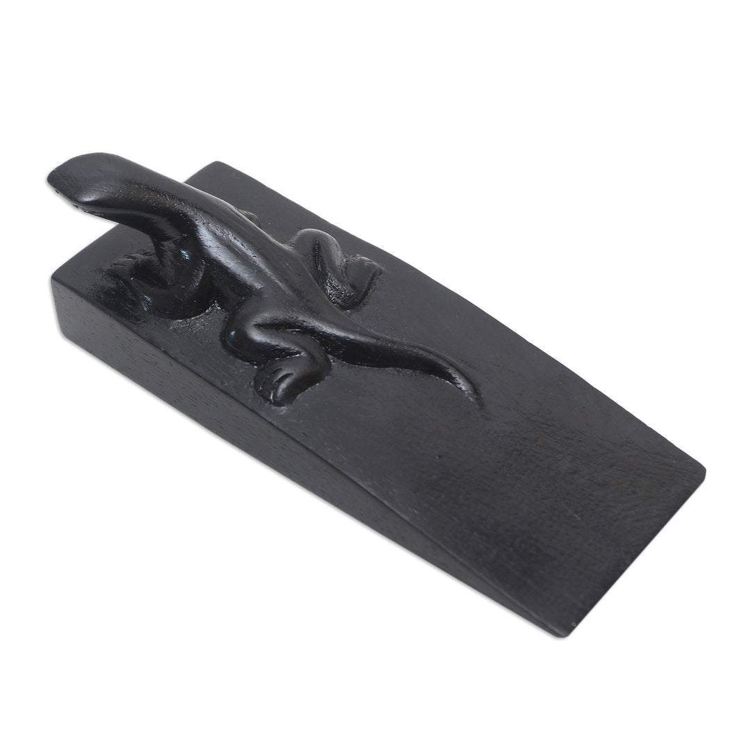 Hand Carved Suar Wood Lizard Door Stopper in Black from Bali - Handy Gecko in Black