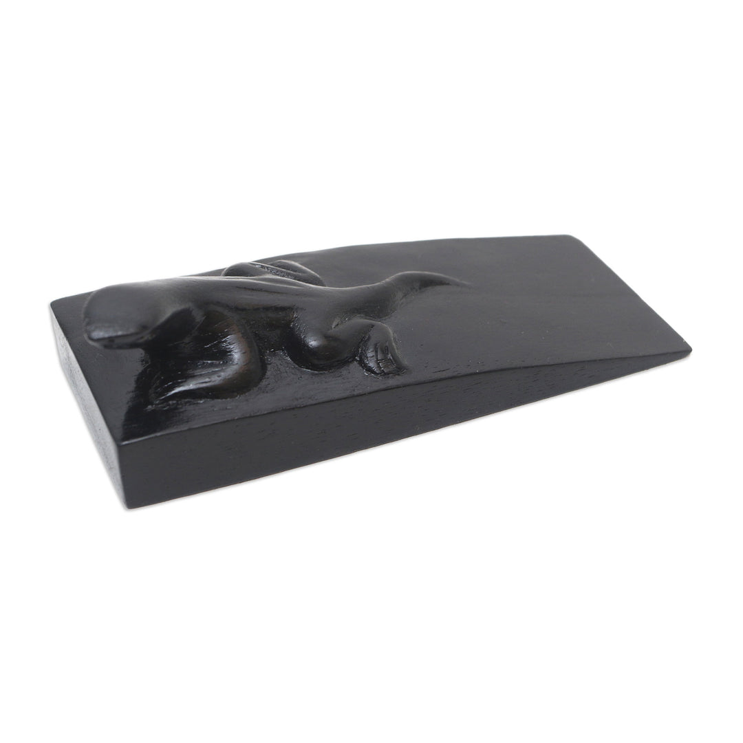 Hand Carved Suar Wood Lizard Door Stopper in Black from Bali - Handy Gecko in Black