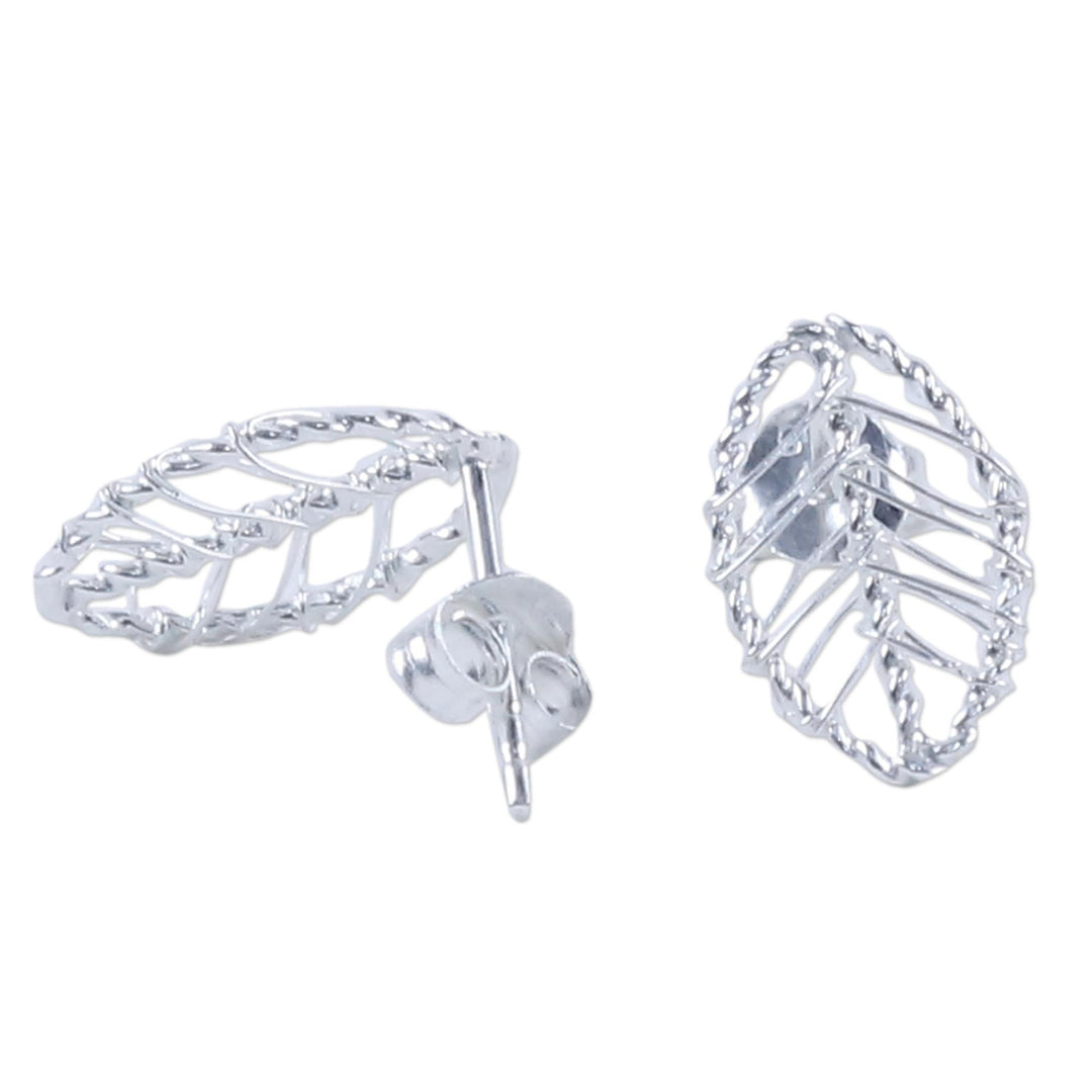 Artisan Crafted Sterling Silver Leaf Shaped Button Earrings - Lucky Leaf Wrap