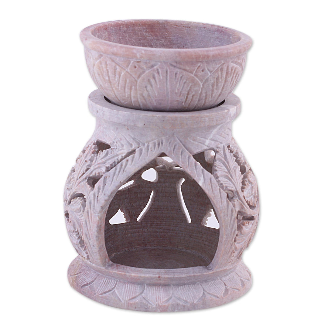 Handcrafted Leaf Motif Soapstone Oil Warmer from India - Garden of Leaves