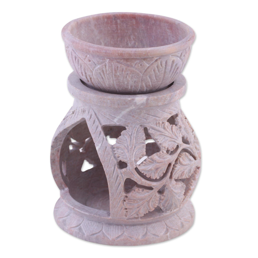 Handcrafted Leaf Motif Soapstone Oil Warmer from India - Garden of Leaves