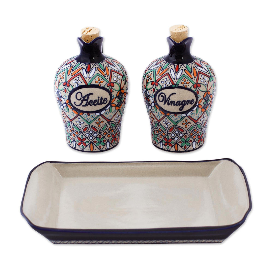 Elegant Hand Painted Oil and Vinegar Cruet Set (3 Pieces) - Flowers of Guanajuato