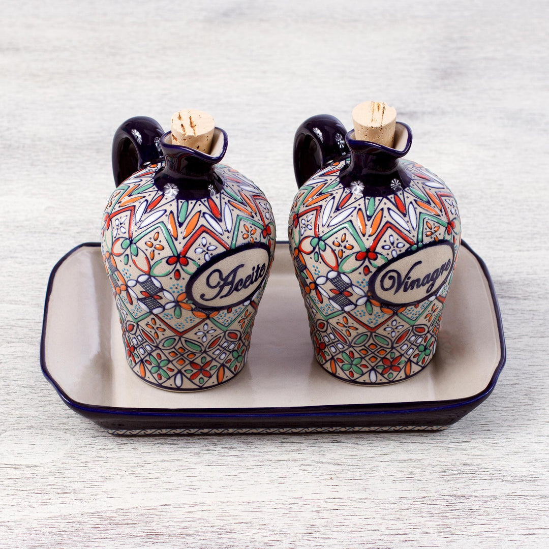 Elegant Hand Painted Oil and Vinegar Cruet Set (3 Pieces) - Flowers of Guanajuato