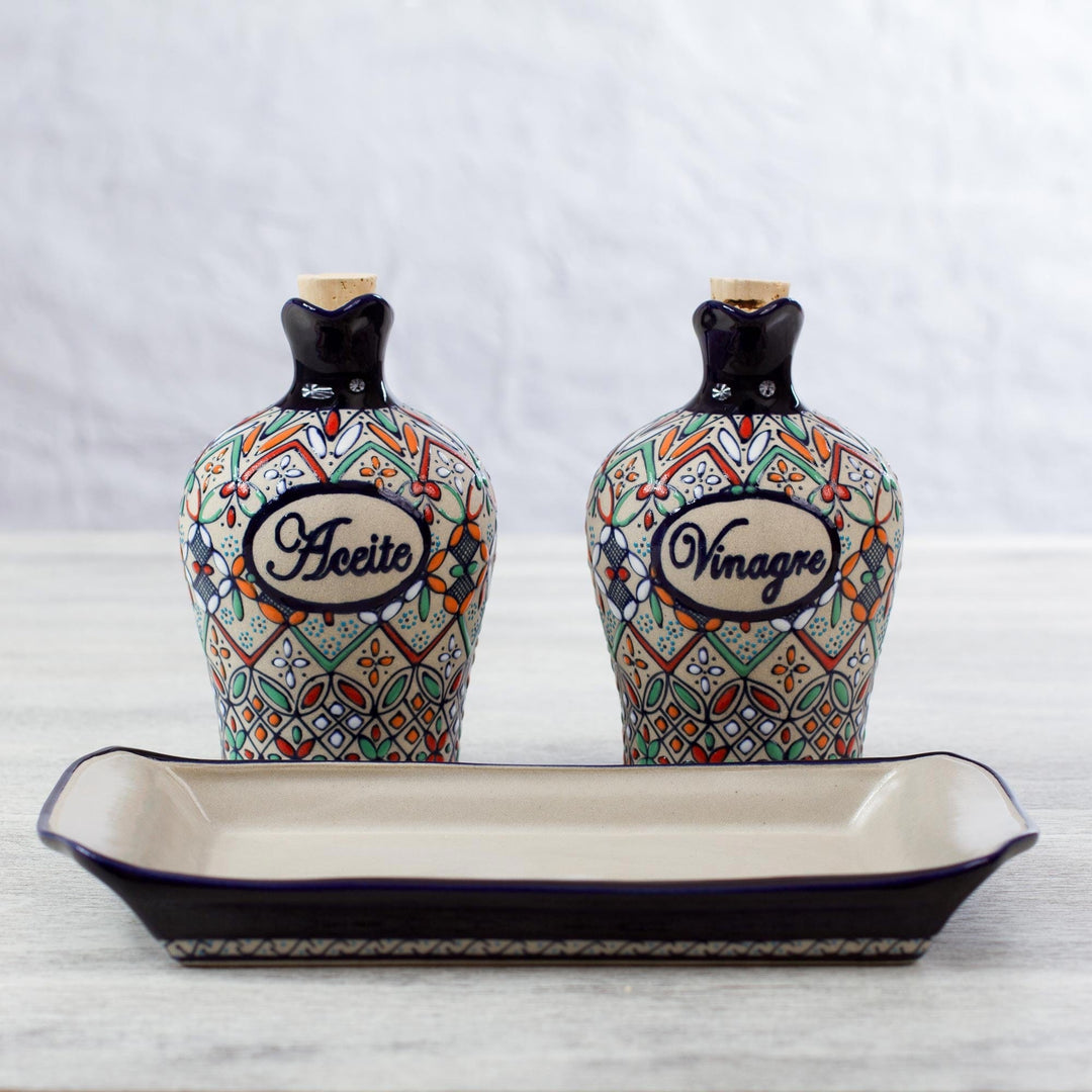 Elegant Hand Painted Oil and Vinegar Cruet Set (3 Pieces) - Flowers of Guanajuato
