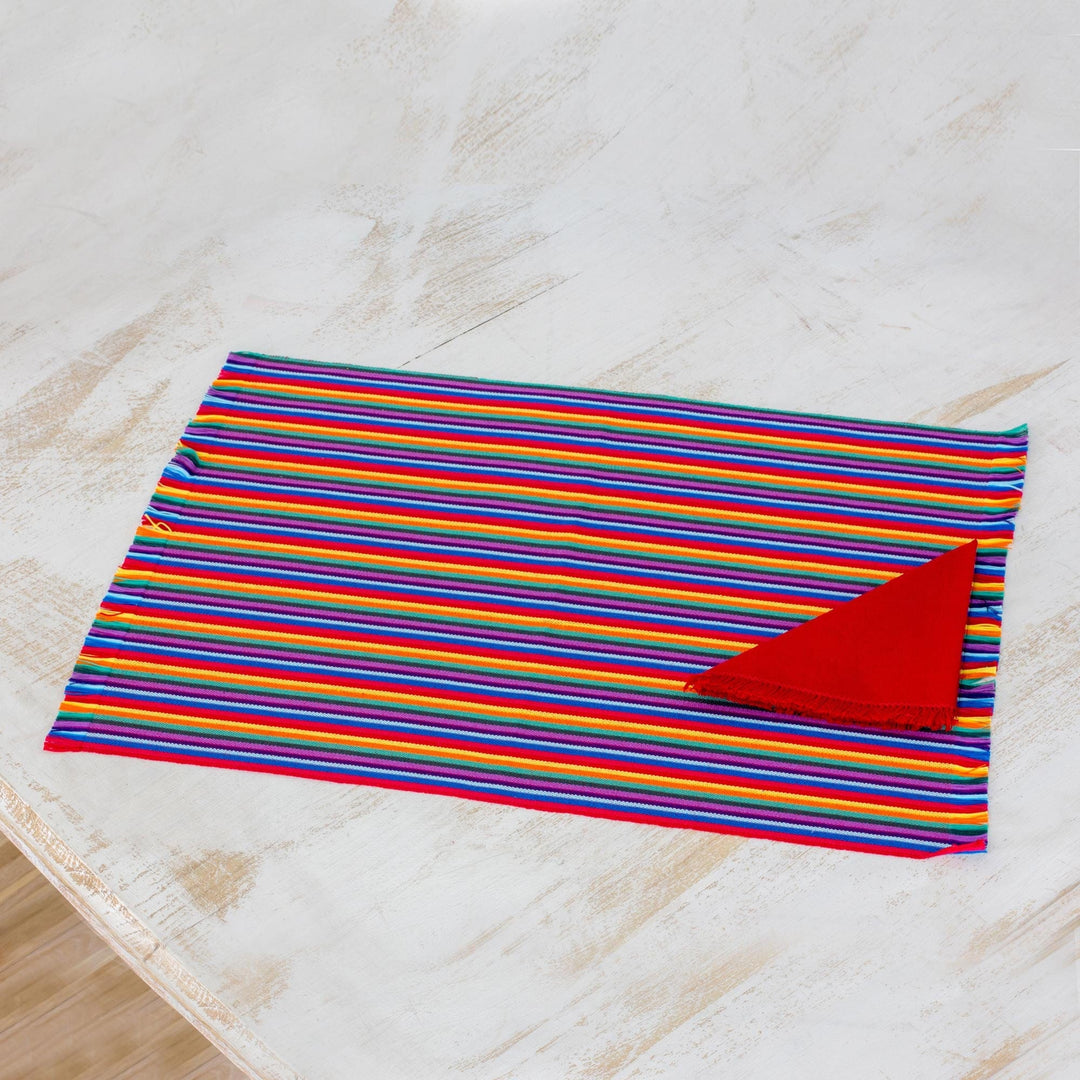 Set of 6 Multicolored Striped Cotton Placemats and Napkins - Rainbow Inspiration