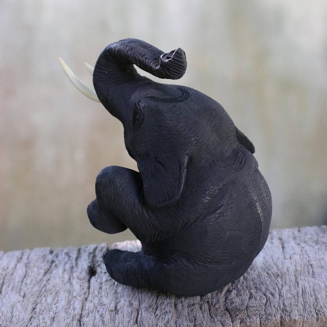 Artisan Hand Carved Thai Elephant Statuette in Teak Wood - Joyous Elephant