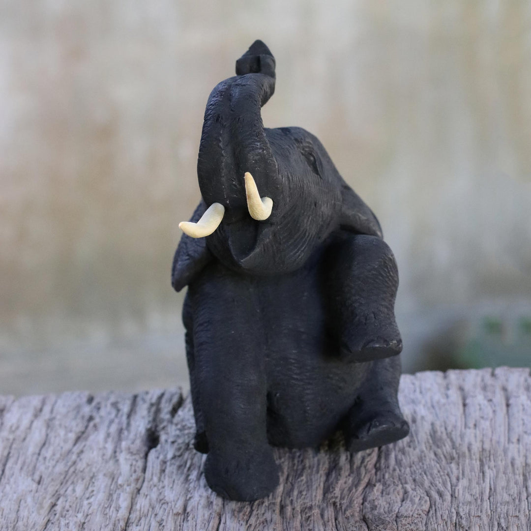 Artisan Hand Carved Thai Elephant Statuette in Teak Wood - Joyous Elephant