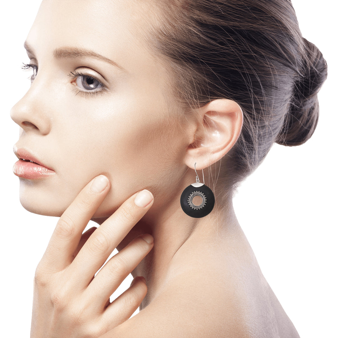 Sterling Silver and Lava Stone Dangle Earrings from Bali - Starlight Circles