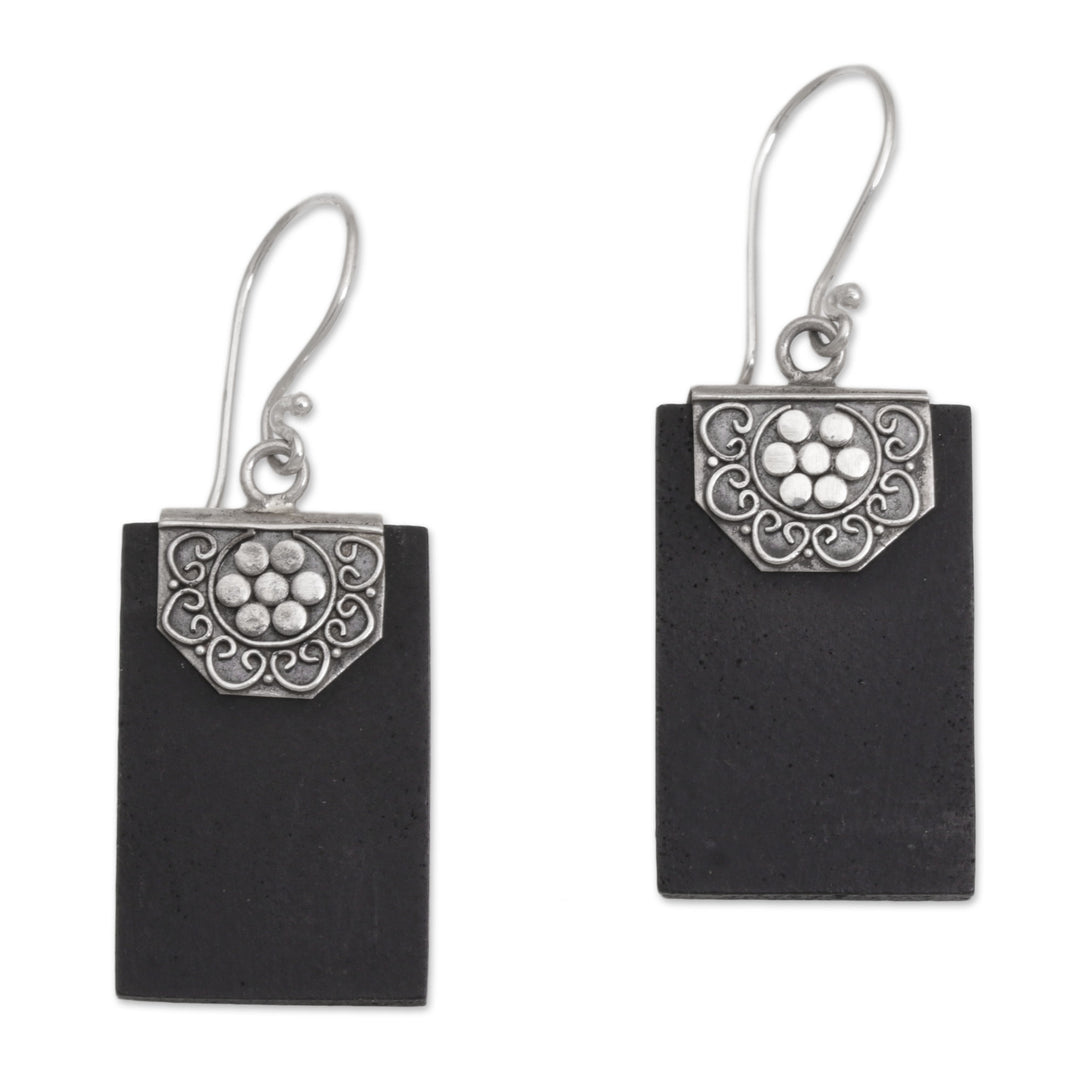 Rectangular Lava Stone and 925 Silver Earrings from Bali - Bars of Midnight