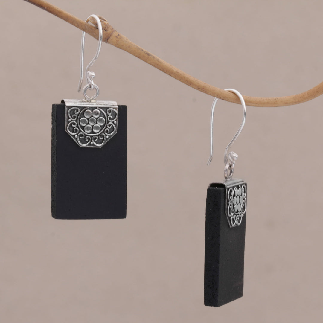 Rectangular Lava Stone and 925 Silver Earrings from Bali - Bars of Midnight