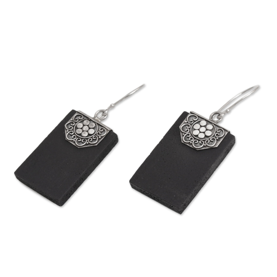 Rectangular Lava Stone and 925 Silver Earrings from Bali - Bars of Midnight
