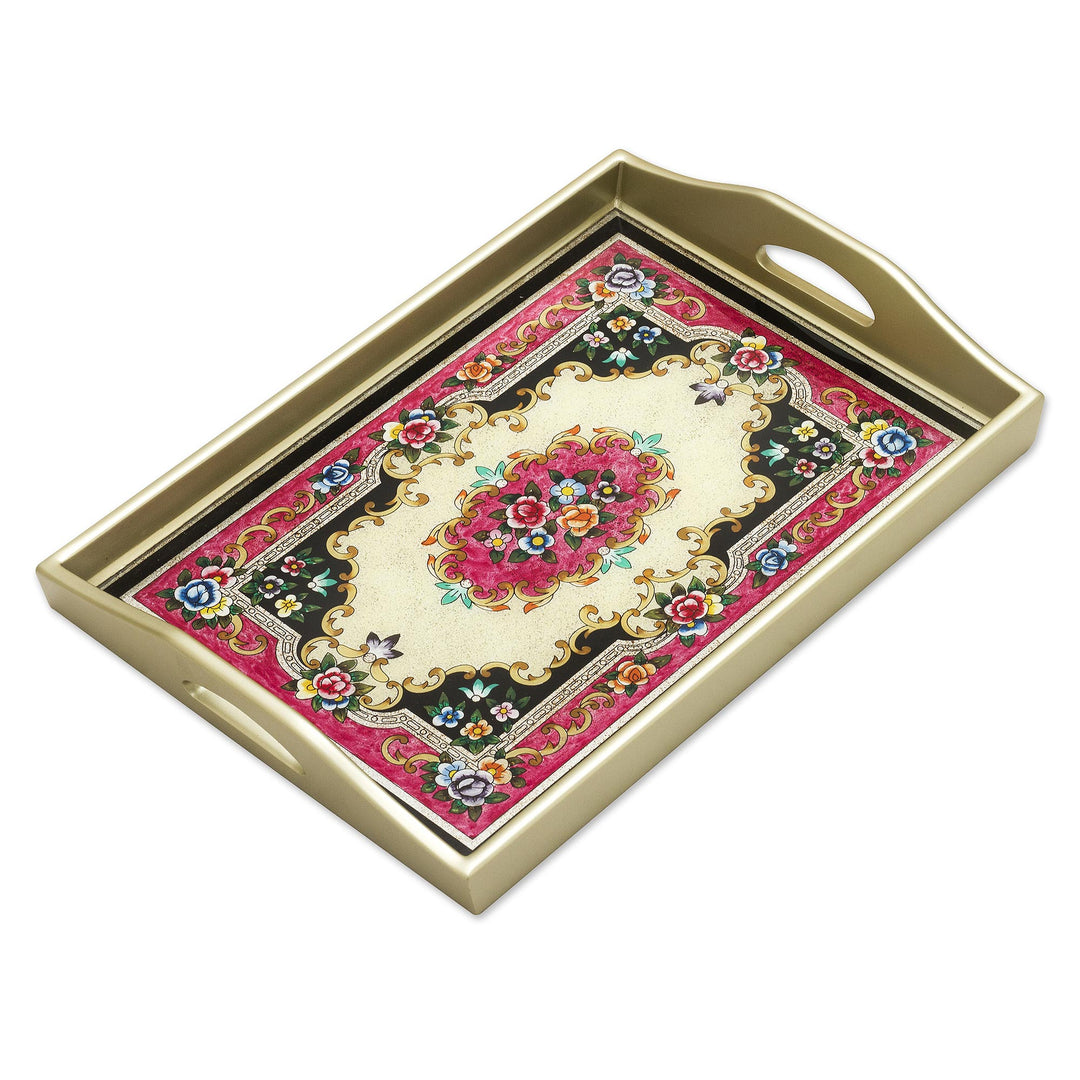 Reverse Painted Glass Tray in Silver from Peru - Heavenly Bouquet in Silver