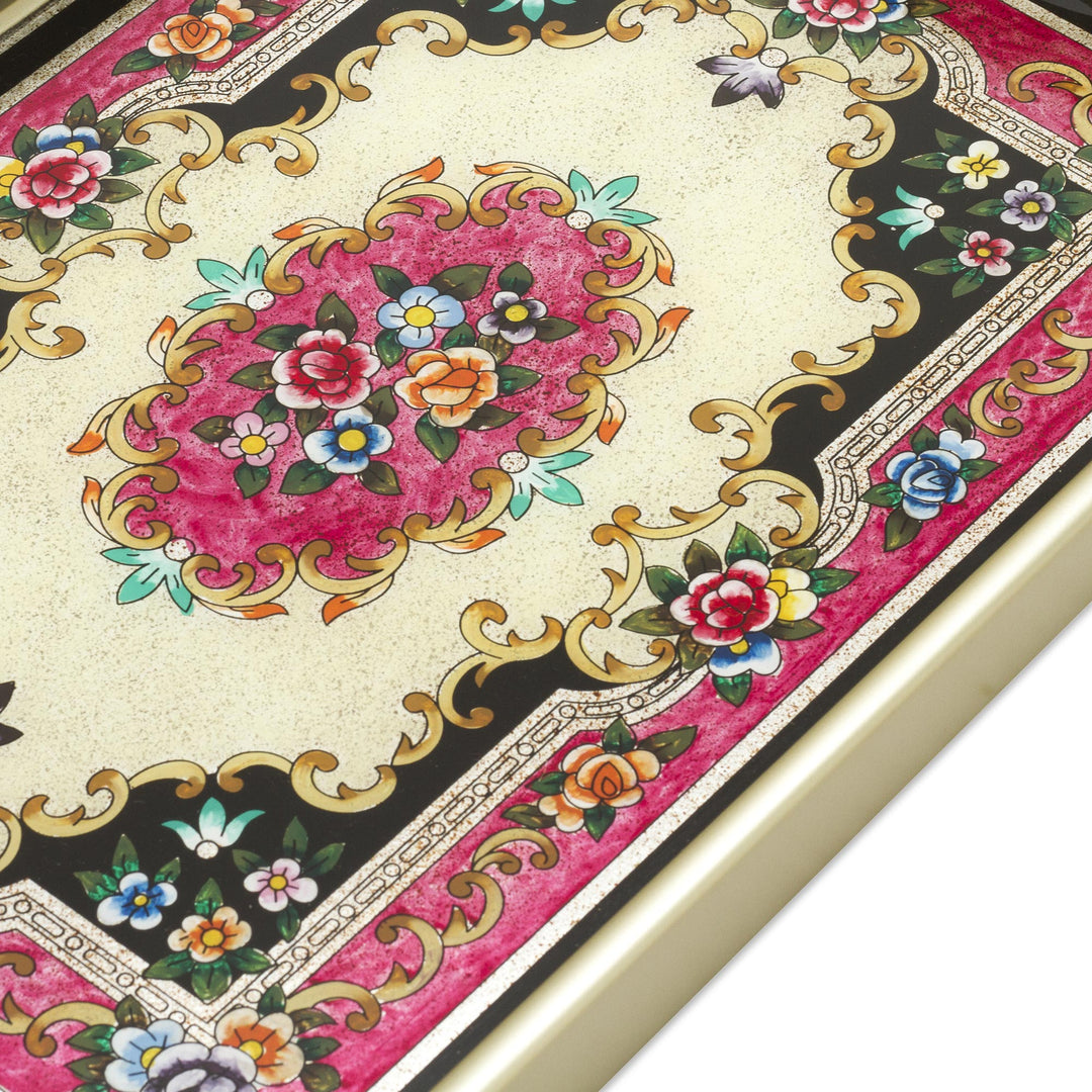 Reverse Painted Glass Tray in Silver from Peru - Heavenly Bouquet in Silver