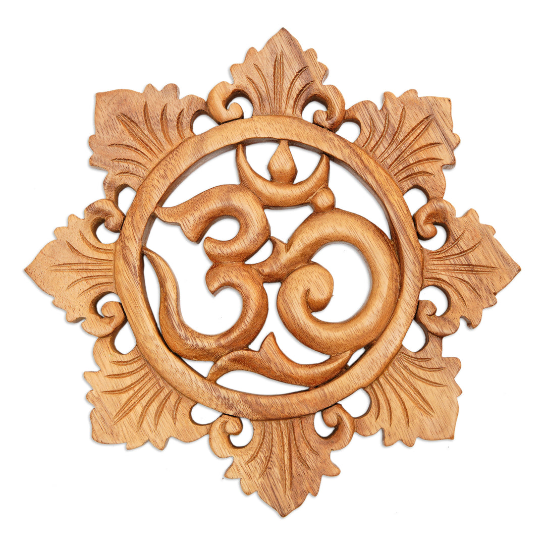 Handcrafted Suar Wood Floral Om Relief Panel from Bali - Petaled Om