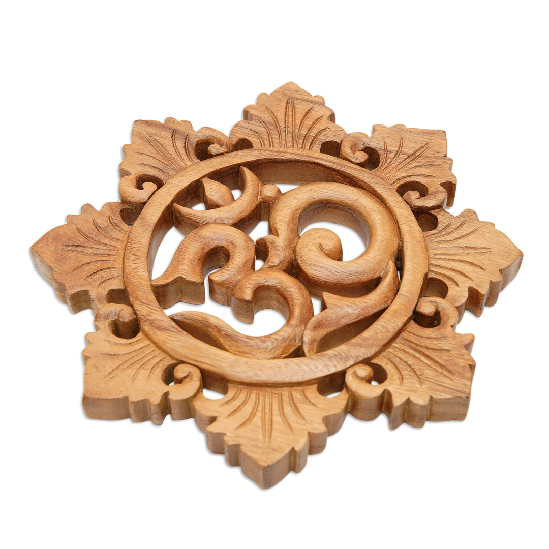 Handcrafted Suar Wood Floral Om Relief Panel from Bali - Petaled Om