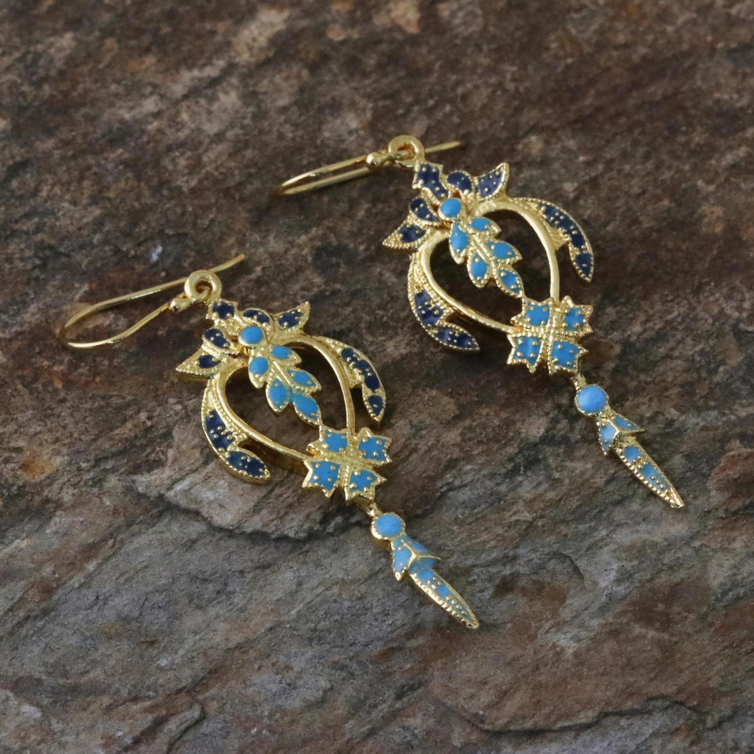 Gold Plated Brass Earrings in Blue and Navy from Thailand - Proud Beauty in Blue