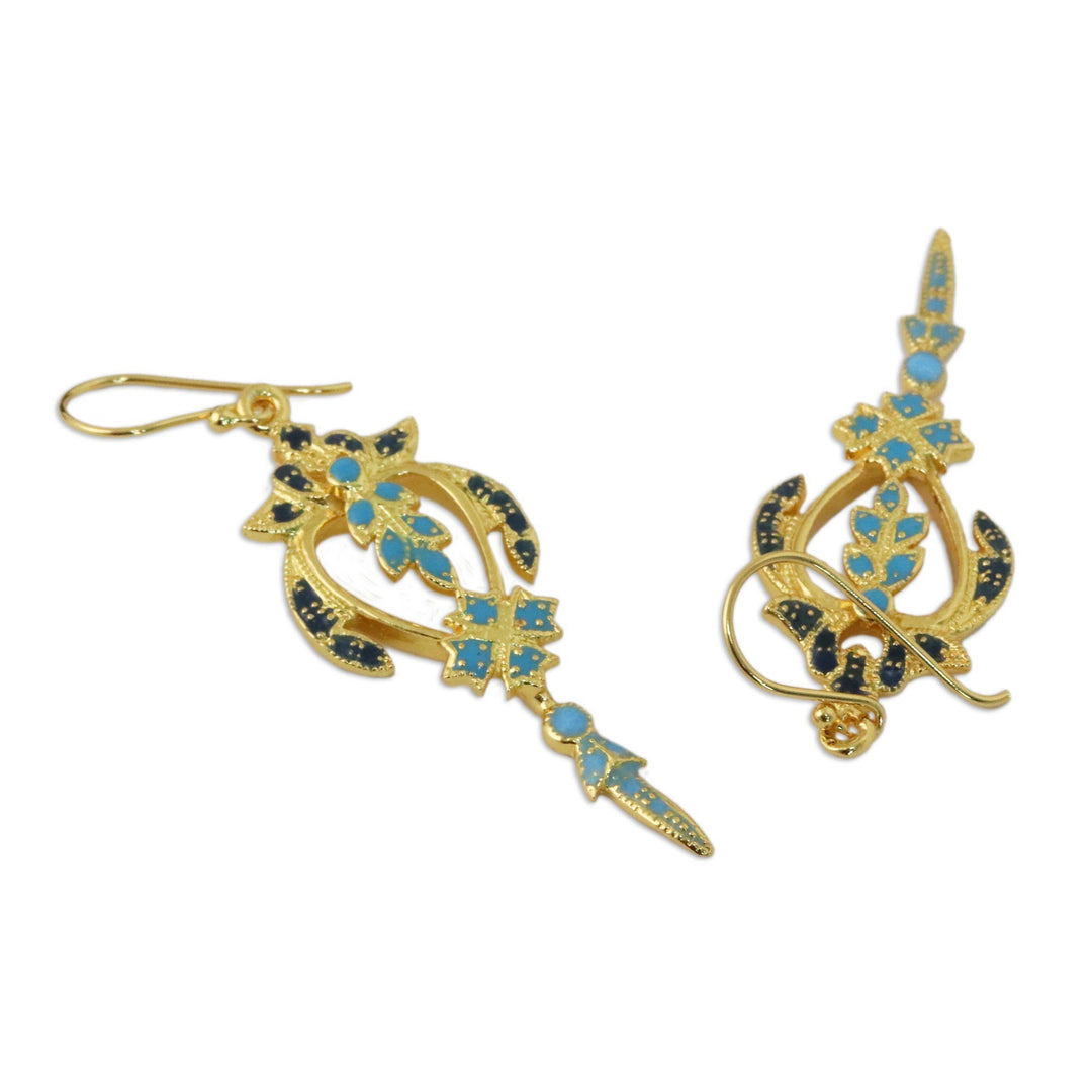 Gold Plated Brass Earrings in Blue and Navy from Thailand - Proud Beauty in Blue