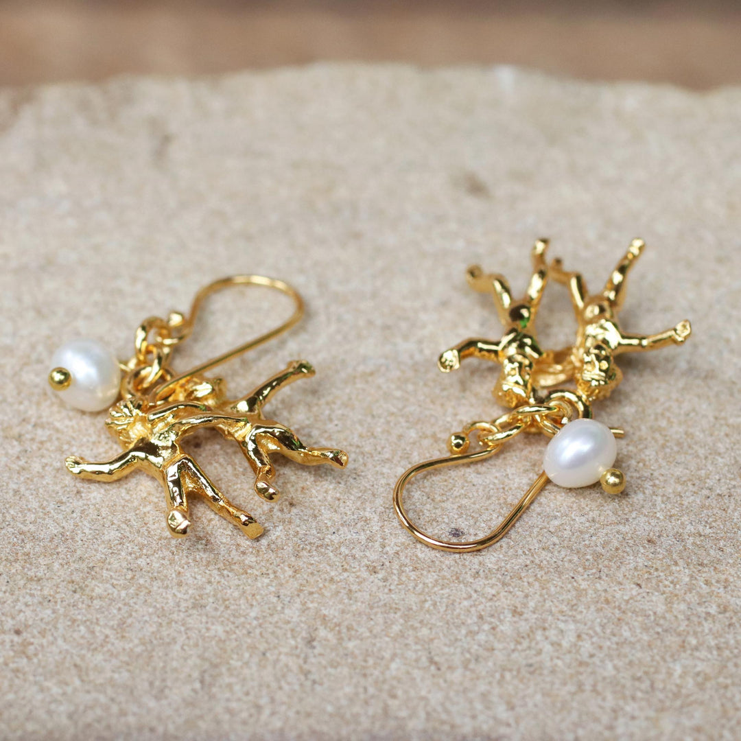 Gold Plated Cultured Pearl Gemini Earrings from Thailand - Radiant Gemini
