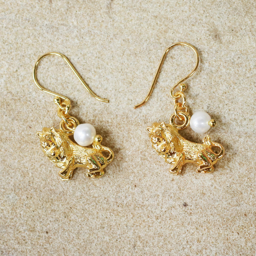 Gold Plated Cultured Pearl Leo Earrings from Thailand - Radiant Leo