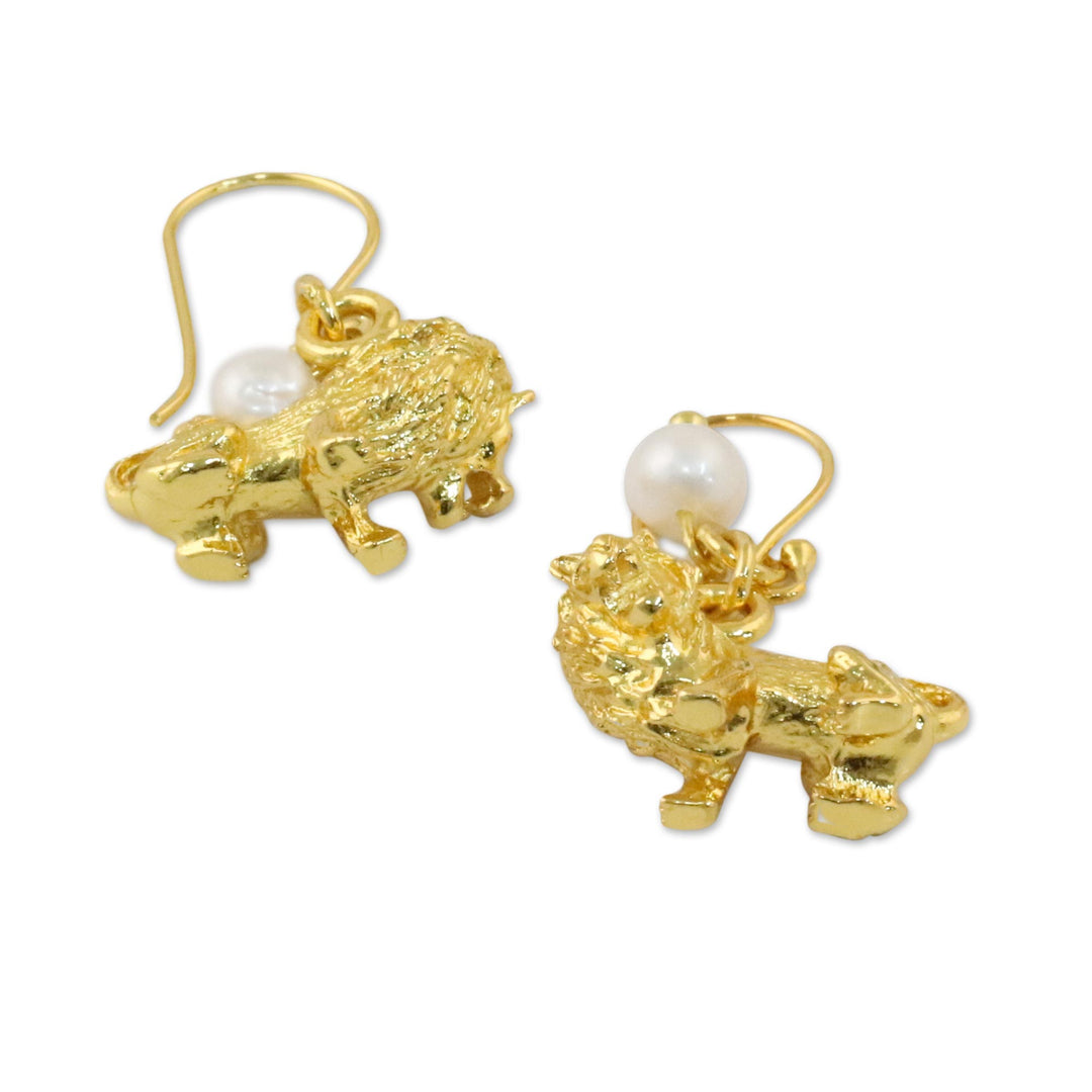 Gold Plated Cultured Pearl Leo Earrings from Thailand - Radiant Leo