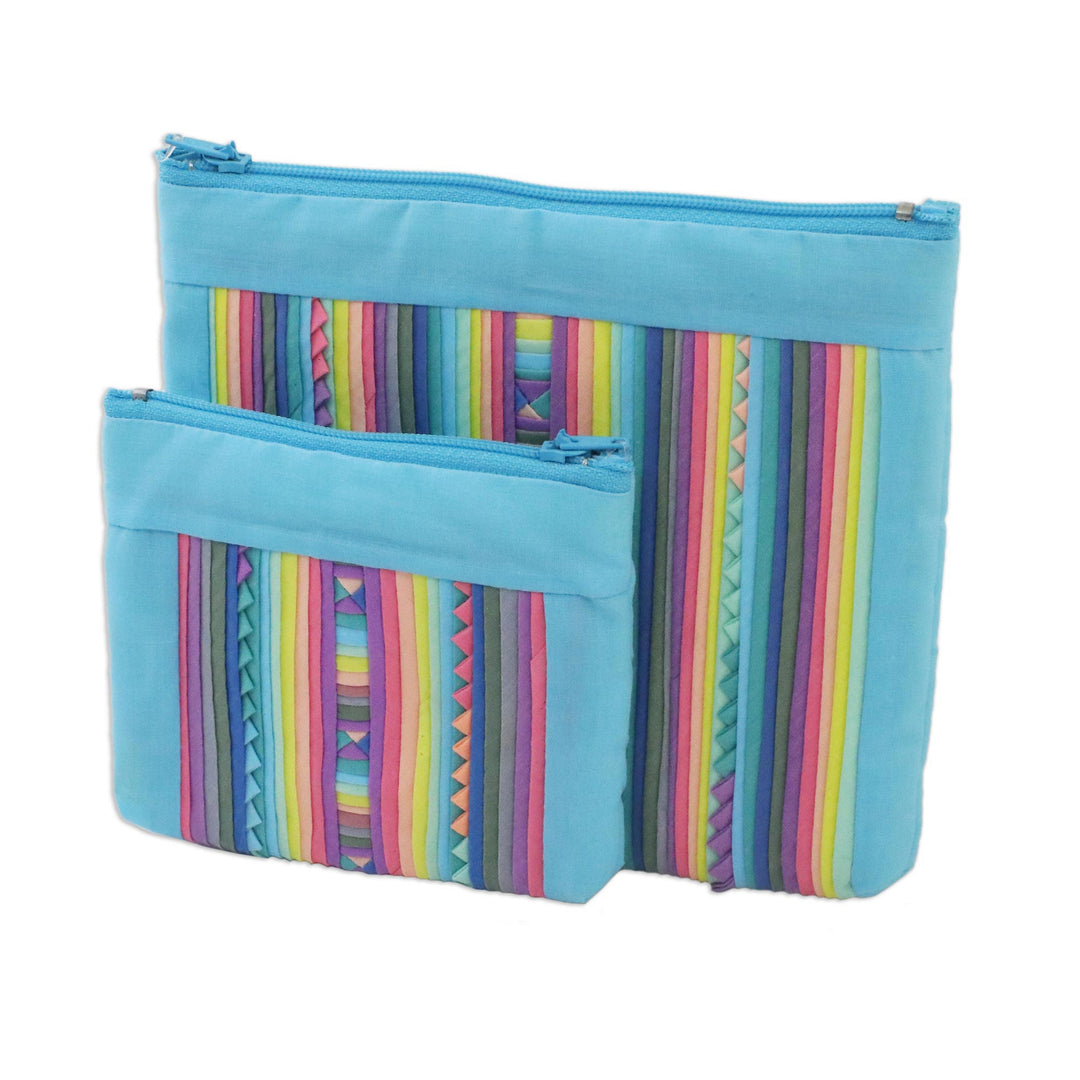 Handcrafted Cotton Blend Cosmetic Bags from Thailand (Pair) - Exotic Lisu in Sky Blue