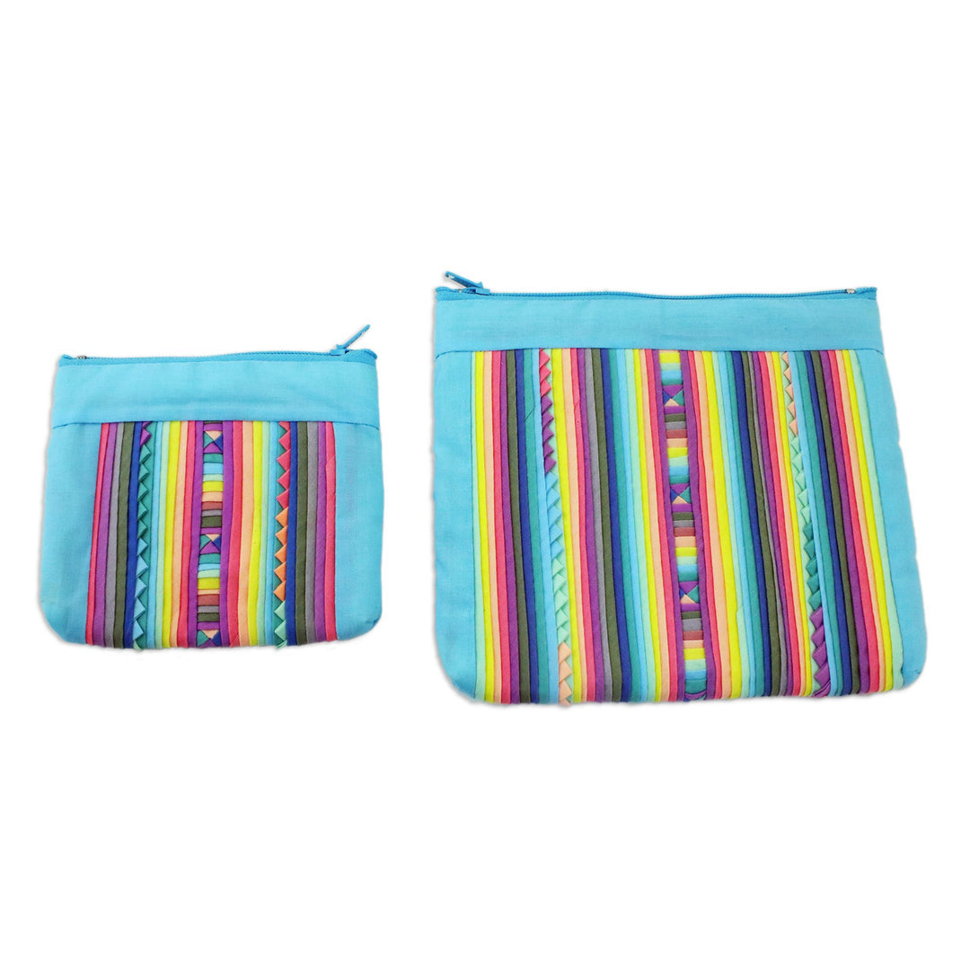 Handcrafted Cotton Blend Cosmetic Bags from Thailand (Pair) - Exotic Lisu in Sky Blue
