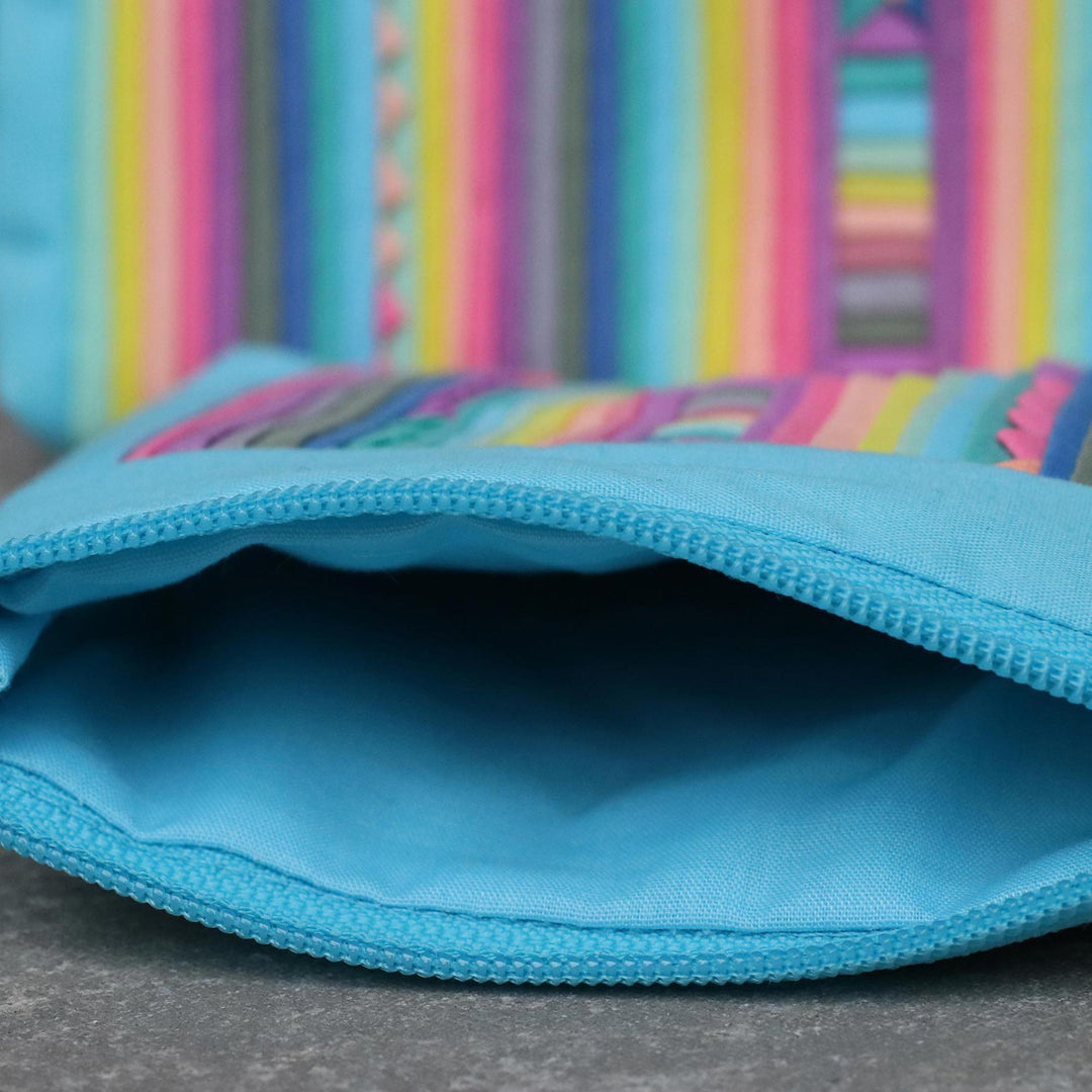 Handcrafted Cotton Blend Cosmetic Bags from Thailand (Pair) - Exotic Lisu in Sky Blue