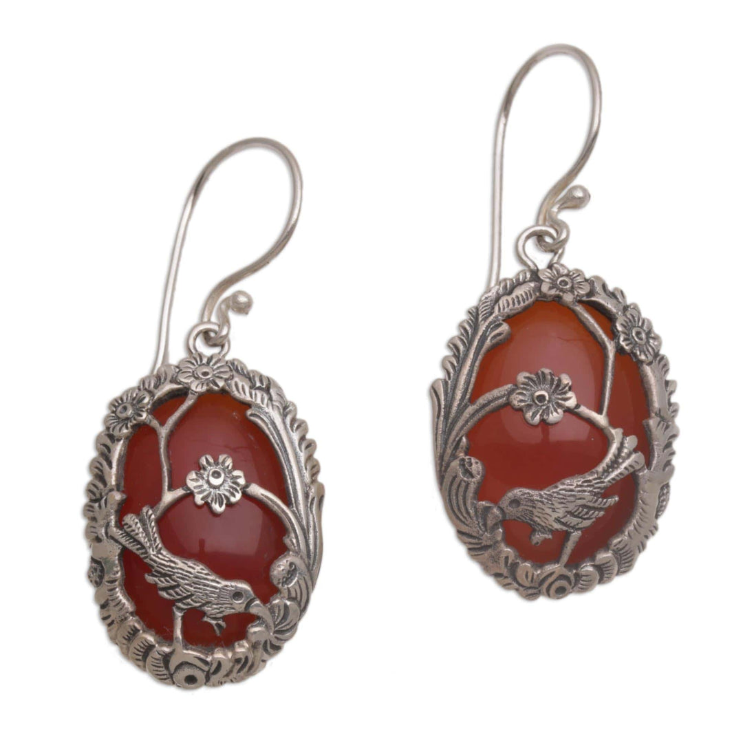 Carnelian and 925 Silver Bird Dangle Earrings from Bali - Avian Curiosity