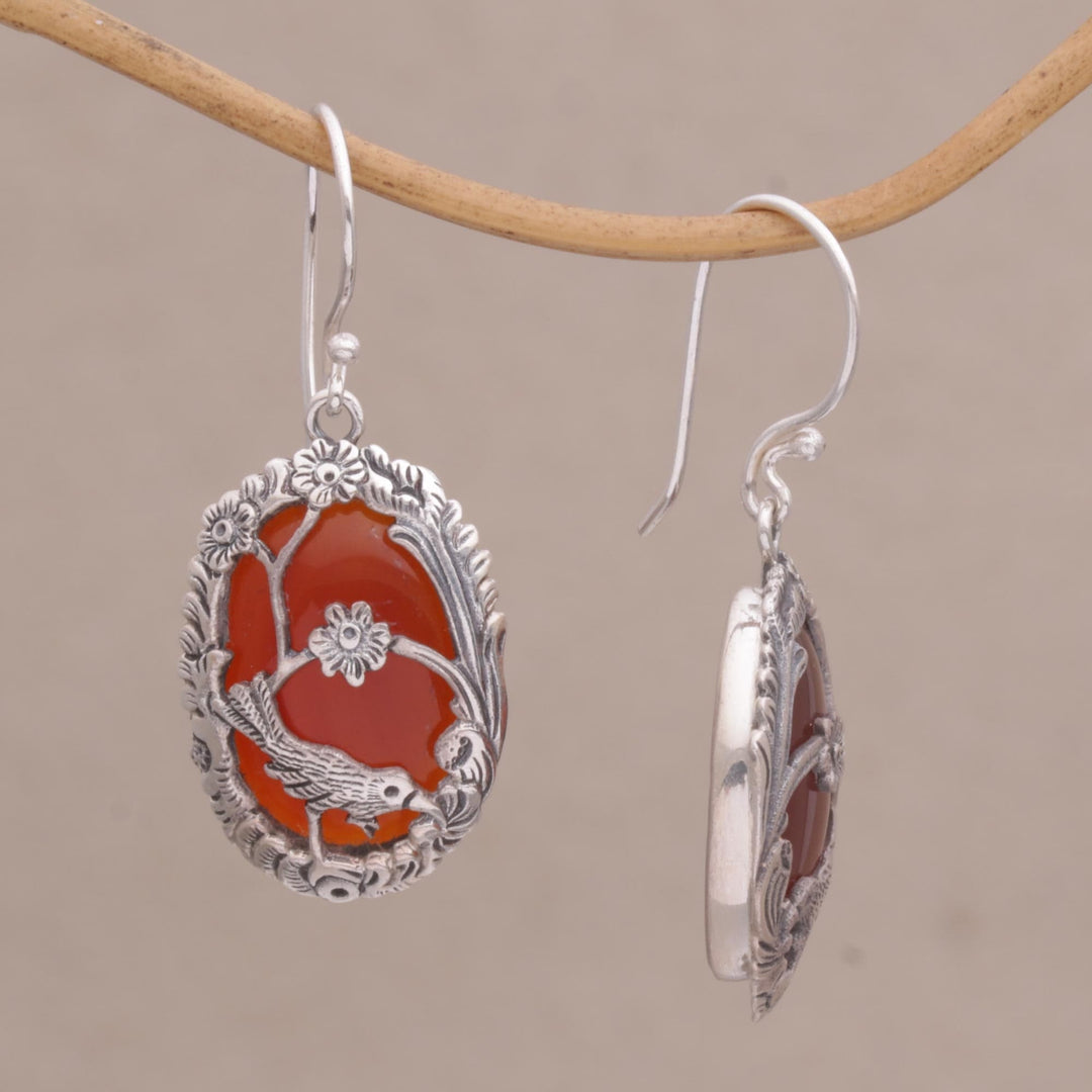 Carnelian and 925 Silver Bird Dangle Earrings from Bali - Avian Curiosity