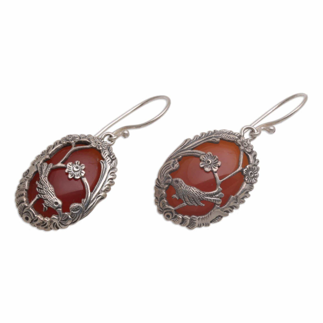Carnelian and 925 Silver Bird Dangle Earrings from Bali - Avian Curiosity