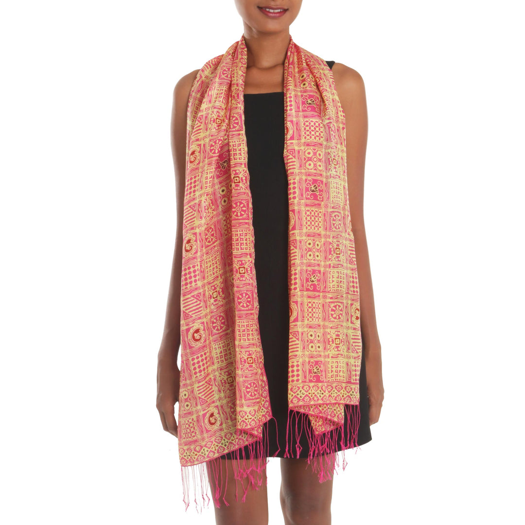 Pink Hand Dyed Batik Silk Shawl with Ceplok Motif from Java - Ceplok Temple Fuchsia